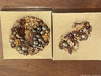 Brooch and clip-on earrings displayed on beige boxes, top view