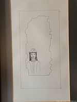 Full view of the original ink drawing on paper showing the entire figure and frame area