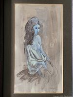 Frontal view of original Gary Peter Slipper nude artwork, showing figure with draped cloth and muted tones.