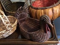 Close view of a turkey-shaped woven basket showing intricate bird details
