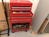Red Waterloo two-piece tool chest and rolling cart