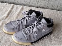Pair of grey Air Jordan sneakers seen from an angled side view showing overall condition and build.