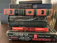 Top view of 8 books stacked horizontally showing spines and some covers, including a world encyclopedia and books on dictators and American crime.