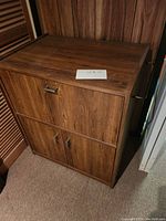 Front view of wood cabinet with drop-down door closed, showing wood grain finish and metal handles.
