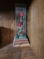 Photo of rose decoration inside a tall rectangular glass case with a wooden base and drawer, placed on wooden surface
