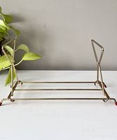 Photo shows the brass book holder fully extended in profile on a white surface with a green plant in the background.