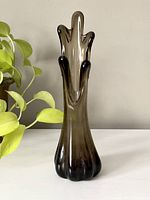 Front view of vintage dark swung glass vase with plant beside for scale.