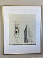Framed signed original monoprint titled Garden Party Wo.10 showing the entire artwork with gold-colored frame hung on wall.