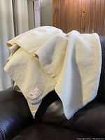 Overall view of beige wool blanket draped over dark furniture showing texture and stitch edging.