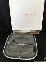 New Nachtmann crystal divided serving platter with four equal compartments shown with original box.