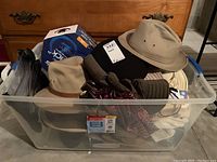 Clear plastic bin containing various hats including rain hats, wool felt hat, baseball cap, umbrellas, and other fabric items.