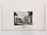 Full view of antique engraving titled 'The Custom House', showing detailed waterfront and custom house scene with classical architecture and people.