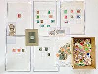 Overview of six album pages, matted stamp, loose stamps box, covers and price slips