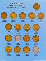 Blue album page with Canadian Small Cent pennies from George V era, 1920 to 1936, with coins mounted and mintage numbers printed below each year. Two coin slots empty for 1930 and 1936.