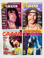 Four vintage music magazines laid out showing front covers including Circus, Creem, and Hit Parader titles.