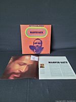 Front of the vinyl set jacket with Marvin Gaye portrait and title Anthology along with front page of booklet showing close-up of Marvin Gaye and first page text.