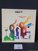 Front cover of 1977 ABBA The Album vinyl record sleeve showing illustrated ABBA members' faces and colorful abstract background.
