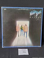 Front cover of The Moody Blues 'Octave' album showing three figures illuminated by a bright doorway shape on a dark background, slight wear visible on edges.