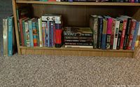 Books on a wooden floor-level bookshelf showing mostly adult fiction titles and some youth literature.