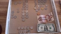 Overview of the collection showing sorted coins in the box and visible paper bills including Canadian 2-dollar and US 1-dollar bills.