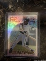 Front of the Barry Bonds Ninth Degree Parallel card showing a batting pose with rainbow holographic shine and Bat Speed text.
