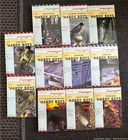 Photo showing the front covers of 11 Hardy Boys paperback books arranged in three rows on a carpet. Titles and cover art are visible with classic Hardy Boys themes.