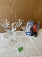 Front view of five etched martini glasses arranged with mini shaker and bar sugar bottle in original packaging.