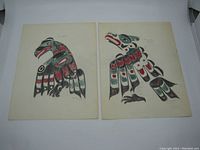 Two vintage indigenous bird drawings by Dot Nicolson, side by side showing full size 9x12 inch sheets with color detail and stylized Native Northwest Coast art motifs.