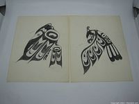 Two original Native Indigenous pencil drawings by Dot Nicolson from the 1970s on cream paper showing bird figures with traditional formline style.