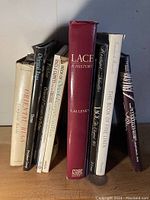 Photo showing the front view of the 11 textile and rug books standing vertically, titles visible on spines including Lace A History and Oriental Rugs.