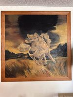 Frontal view of framed oil painting showing the whimsical horse running in a landscape under a dark sky.