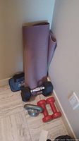 Photo showing purple yoga mat rolled and leaning against wall with dumbbells and small bag at base.