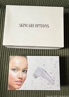 White box labeled 'Skincare Options' and smaller white box with image of a facial device and woman's face.