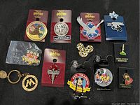 Full overview of all pins including Harry Potter themed pins, Disney pins such as Mickey Mouse, and Universal Studios pins presented on a dark surface.