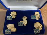 View of five Disney Classics Collection 5th Anniversary commemorative pins displayed in the blue velveteen box, showing front details of each collectible pin and accompanying blue plaques with year marks.