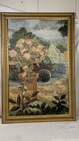 Front view of large framed garden painting with gold-tone frame and visible blemishes on frame.