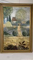 Frontal view of the large vertical oil painting showing a garden pathway, trees, and a house in the background, all surrounded by a decorative gold-tone frame.