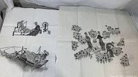 Three vintage Chinese stone rubbing art pieces laid out, showing detailed traditional scenes in black and white