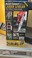 Front and side views of the Levelok Quick Connect Ladder Leveler packaging showing features and usage illustrations.