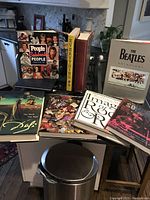 View of the nine large coffee table books arranged on a kitchen counter, showing covers of People Celebrate People, Everything #4, The Art of Wine, The Beatles Anthology, Salvador Dali art book, Rolling Stone Images of Rock and Roll, So Hard To Remember music book.
