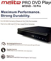 Close-up photo of the Maite Pro DVD Player MTDVD-10 Pro box showing performance and durability features.
