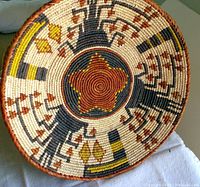 Top view showing full round basket with central star and surrounding color pattern.