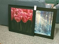 Both framed prints placed side by side on the floor, showing the tulip print on the left and the winter forest print on the right.