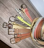 Various women's belts fanned out on floor showing buckles and colors.