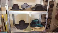 Two metal shelves holding various women’s hats including felt winter hats and lighter summer hats.