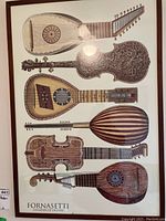 Full view of framed print showing six detailed string instruments by Fornasetti.