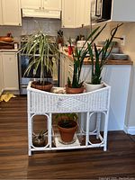 Photo of white wicker plant stand shown in kitchen area with multiple plants (plants not included) placed on it.