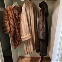 Three fur garments hanging in closet: stole, beige coat, dark coat