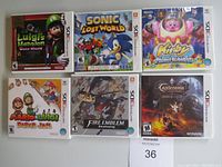 Six Nintendo 3DS game cases arranged in two rows showing full cover art