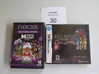 Photo of two video game items: Evercade multi-game cartridge Data East Arcade 1 with 10 games and Nintendo DS Final Fantasy Rings of Fate game case.